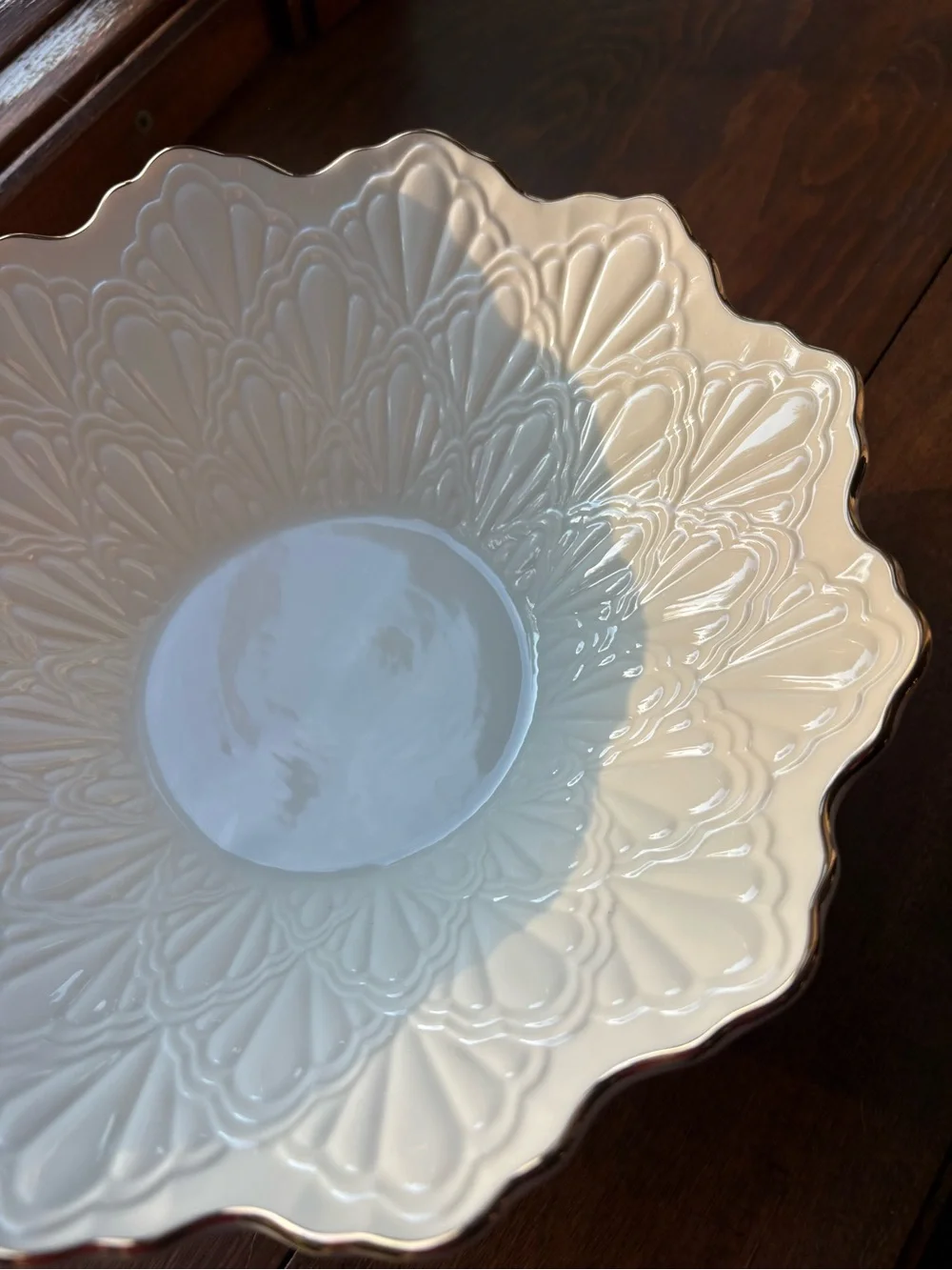 Lenox White Embossed Ceramic Serving Bowl with Gold Trim